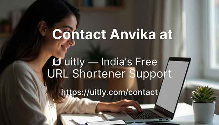 Friendly Indian woman at desk ready to respond to contact messages for uitly URL shortener