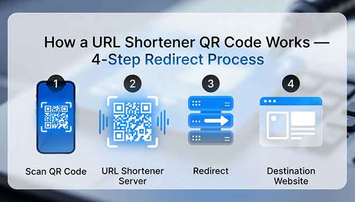 How URL Shortener QR Code Work | Uitly Guide 2 Infographic showing how Uitly URL shortener QR code redirect works in 4 steps