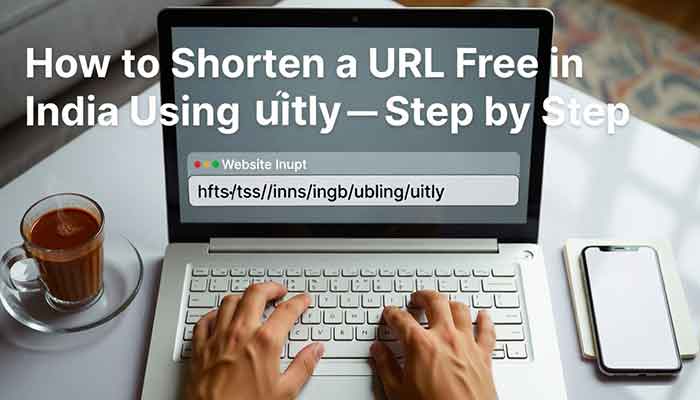 Person typing long URL into uitly free URL shortener on laptop in India