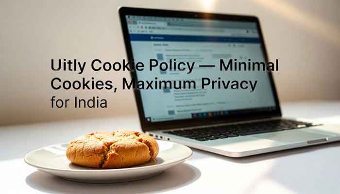 Cookie on a plate beside a laptop representing uitly's minimal cookie policy for Indian users